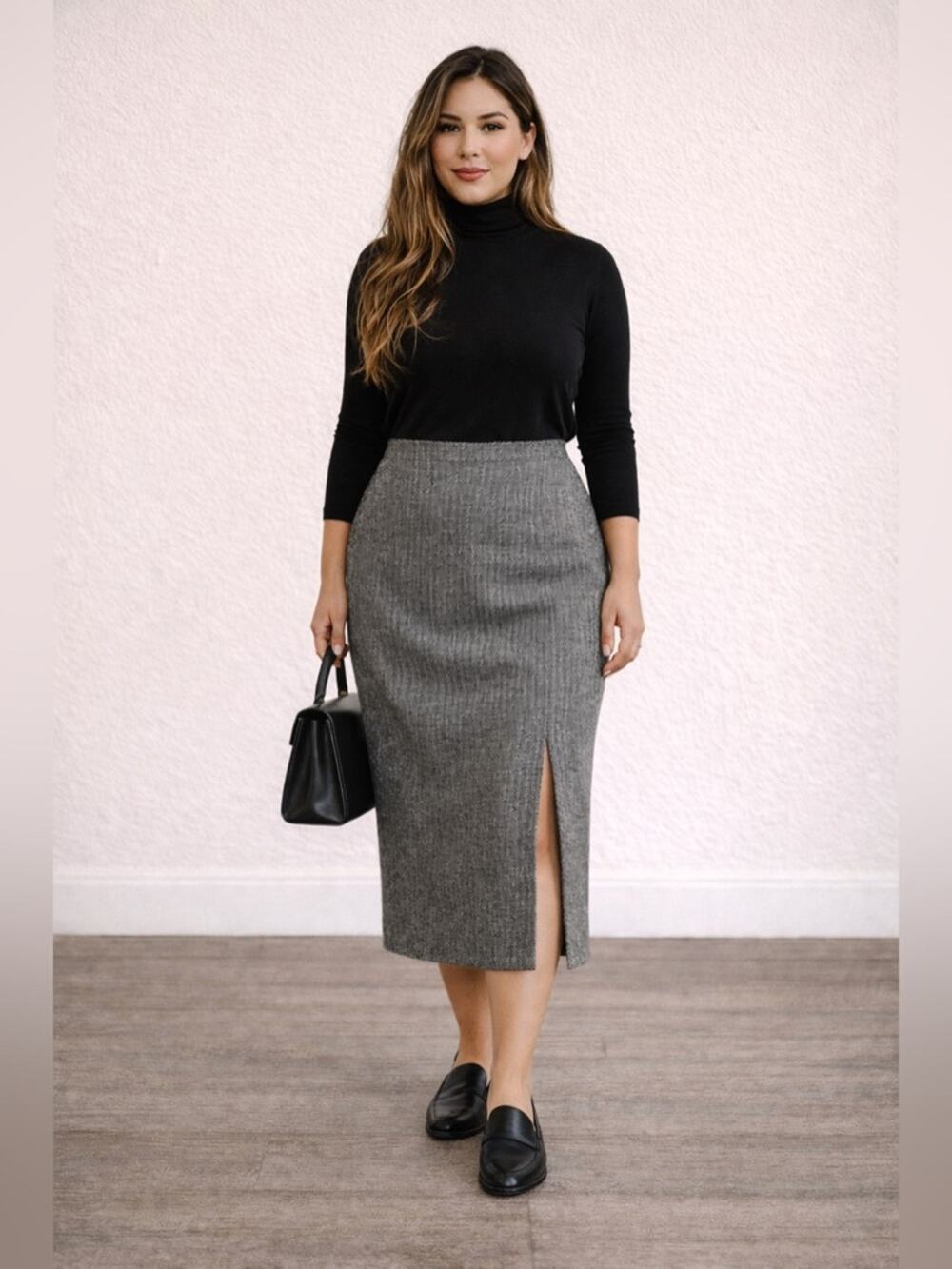 Vintage Wool Herringbone Pencil Skirt Sz 8 High Waist Slit Minimalist Office